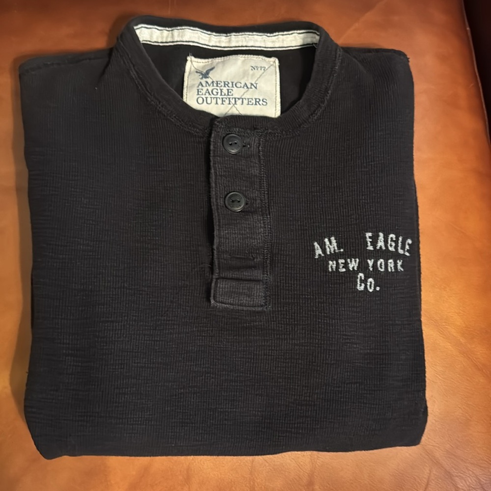 American Eagle Outfitters Men's Dark Blue Thermal Henley
